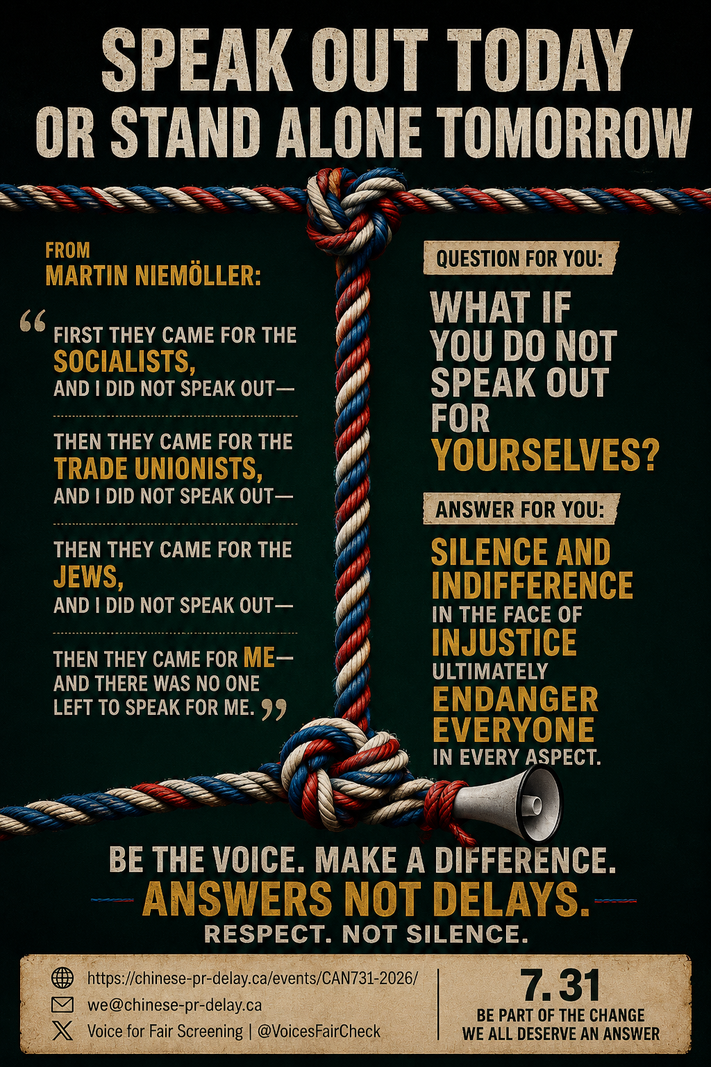 Speak out today or stand alone tomorrow — from Martin Niemöller's 'First they came...' Question: what if you do not speak out for yourselves? Answer: silence and indifference in the face of injustice ultimately endanger everyone.