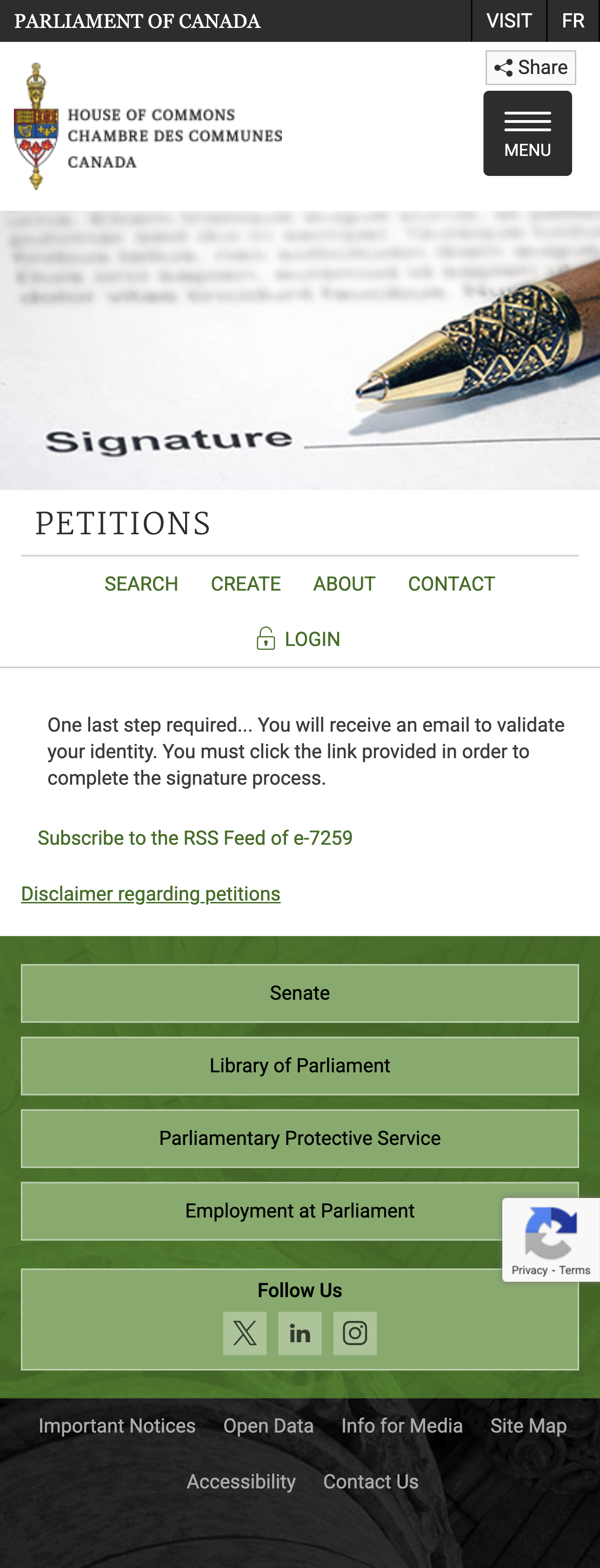 Submission success page of the petition